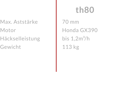 Max. AststärkeMotor HäckselleistungGewicht th80 70 mmHonda GX390 bis 1,2m³/h113 kg