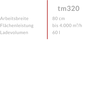 Arbeitsbreite FlächenleistungLadevolumen tm320 80 cm bis 4.000 m²/h60 l