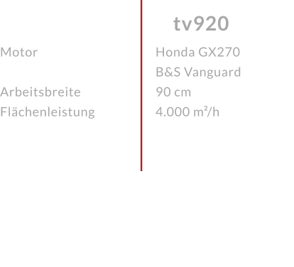 Motor  ArbeitsbreiteFlächenleistung tv920 Honda GX270 B&S Vanguard 90 cm 4.000 m²/h