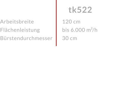 Arbeitsbreite FlächenleistungBürstendurchmesser tk522 120 cm bis 6.000 m²/h30 cm