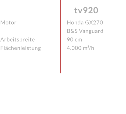 Motor  ArbeitsbreiteFlächenleistung tv920 Honda GX270 B&S Vanguard 90 cm 4.000 m²/h