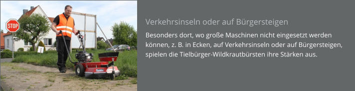 Verkehrsinseln oder auf Bürgersteigen Besonders dort, wo große Maschinen nicht eingesetzt werden können, z. B. in Ecken, auf Verkehrsinseln oder auf Bürgersteigen, spielen die Tielbürger-Wildkrautbürsten ihre Stärken aus.