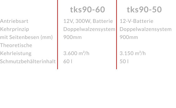 AntriebsartKehrprinzip mit Seitenbesen (mm)Theoretische KehrleistungSchmutzbehälterinhalt tks90-50 tks90-60 12V, 300W, BatterieDoppelwalzensystem 900mm 3.600 m²/h60 l 12-V-Batterie Doppelwalzensystem 900mm  3.150 m²/h50 l