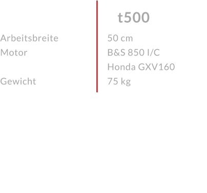 Arbeitsbreite Motor  Gewicht t500 50 cm B&S 850 I/C Honda GXV16075 kg