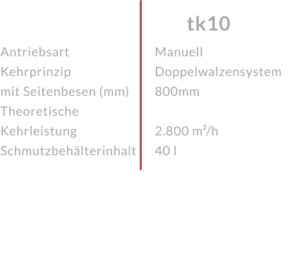 AntriebsartKehrprinzip mit Seitenbesen (mm)Theoretische KehrleistungSchmutzbehälterinhalt tk10 ManuellDoppelwalzensystem 800mm  2.800 m²/h40 l