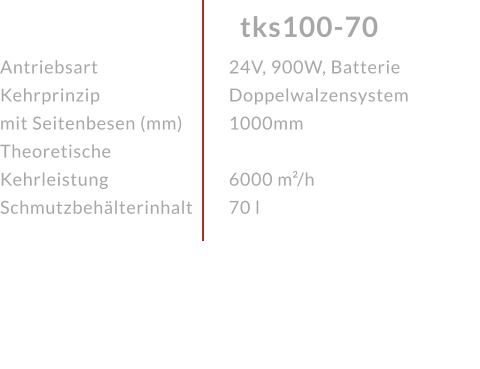 AntriebsartKehrprinzip mit Seitenbesen (mm)Theoretische KehrleistungSchmutzbehälterinhalt tks100-70 24V, 900W, BatterieDoppelwalzensystem 1000mm 6000 m²/h70 l