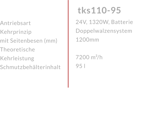 AntriebsartKehrprinzip mit Seitenbesen (mm)Theoretische KehrleistungSchmutzbehälterinhalt tks110-95 24V, 1320W, BatterieDoppelwalzensystem 1200mm 7200 m²/h95 l