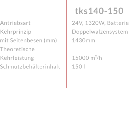 AntriebsartKehrprinzip mit Seitenbesen (mm)Theoretische KehrleistungSchmutzbehälterinhalt tks140-150 24V, 1320W, BatterieDoppelwalzensystem 1430mm 15000 m²/h150 l