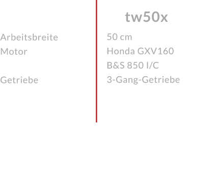ArbeitsbreiteMotor  Getriebe tw50x 50 cmHonda GXV160 B&S 850 I/C 3-Gang-Getriebe