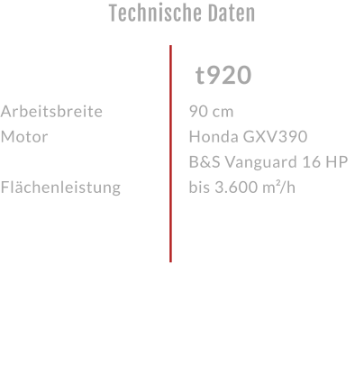 Technische Daten Arbeitsbreite Motor  Flächenleistung t920 90 cm Honda GXV390 B&S Vanguard 16 HP bis 3.600 m²/h