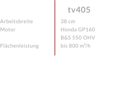 ArbeitsbreiteMotor  Flächenleistung tv405 38 cmHonda GP160 B&S 550 OHV bis 800 m²/h