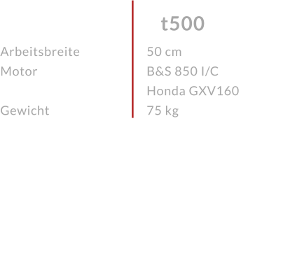 Arbeitsbreite Motor  Gewicht t500 50 cm B&S 850 I/C Honda GXV16075 kg