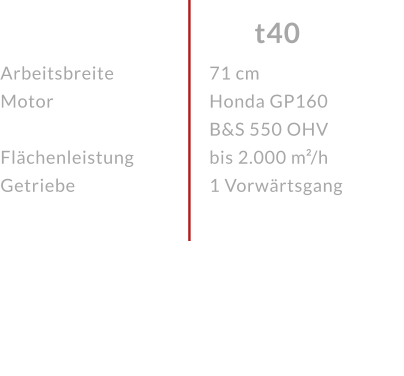 ArbeitsbreiteMotor  FlächenleistungGetriebe t40 71 cmHonda GP160 B&S 550 OHVbis 2.000 m²/h1 Vorwärtsgang