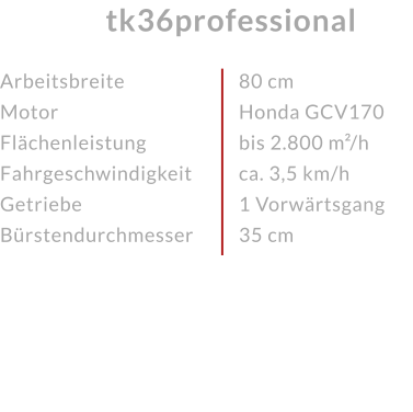 ArbeitsbreiteMotor FlächenleistungFahrgeschwindigkeitGetriebeBürstendurchmesser tk36professional 80 cmHonda GCV170 bis 2.800 m²/h ca. 3,5 km/h1 Vorwärtsgang35 cm