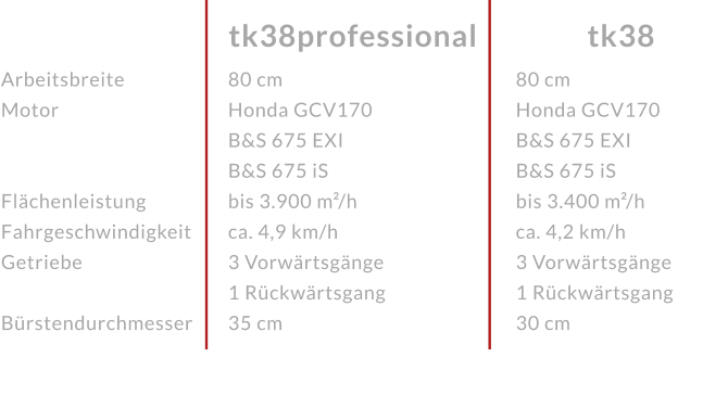 ArbeitsbreiteMotor   FlächenleistungFahrgeschwindigkeitGetriebe Bürstendurchmesser tk38 tk38professional 80 cmHonda GCV170 B&S 675 EXI B&S 675 iS bis 3.900 m²/h ca. 4,9 km/h3 Vorwärtsgänge 1 Rückwärtsgang35 cm 80 cmHonda GCV170 B&S 675 EXI B&S 675 iSbis 3.400 m²/h ca. 4,2 km/h3 Vorwärtsgänge 1 Rückwärtsgang30 cm